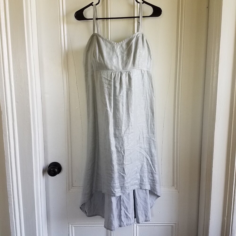 Tommy Bahama Sun Dress~Hi-Lo Midi~Shimmer Silver-Gray Linen~Elastic Fit~M NEW